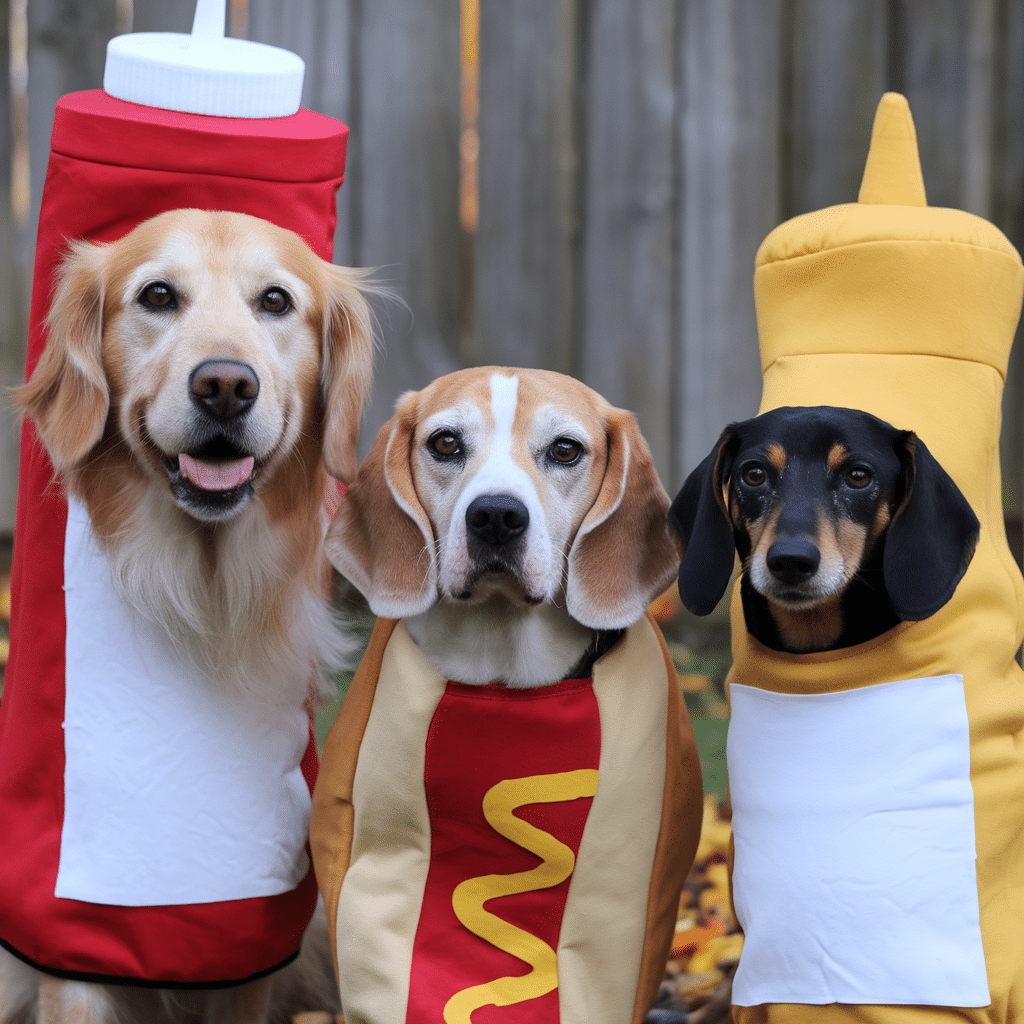 Dog dressed as condiments